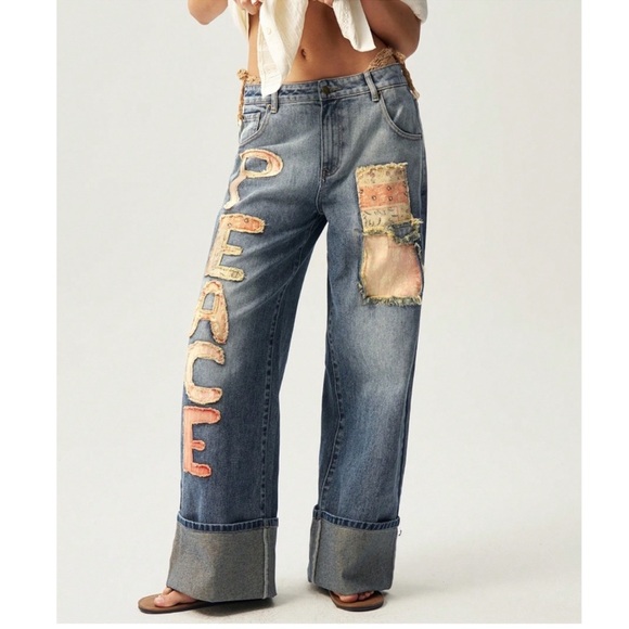 Couture Gypsy Denim - Women’s Blue Denim Patchwork 'PEACE' Wide-Leg Jeans